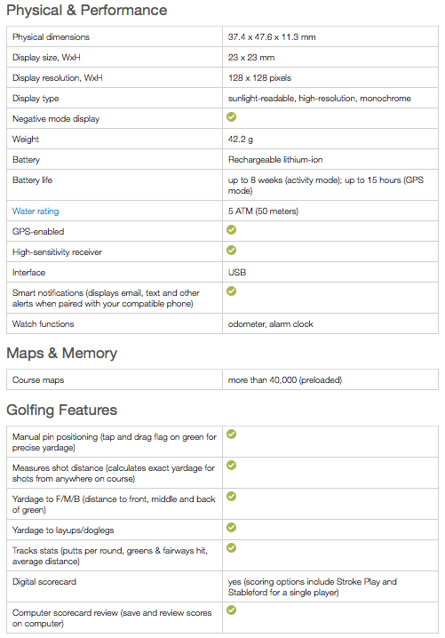 Garmin Approach S20 Golf GPS Watch - specifications