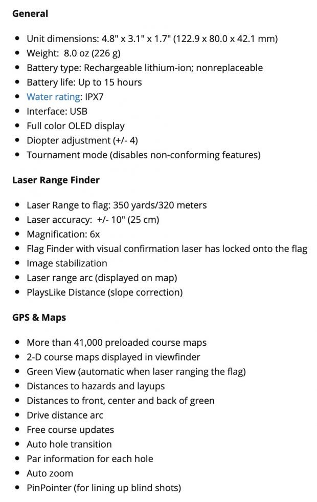 Garmin Approach Z80 GPS Laser Range Finder - Specifications